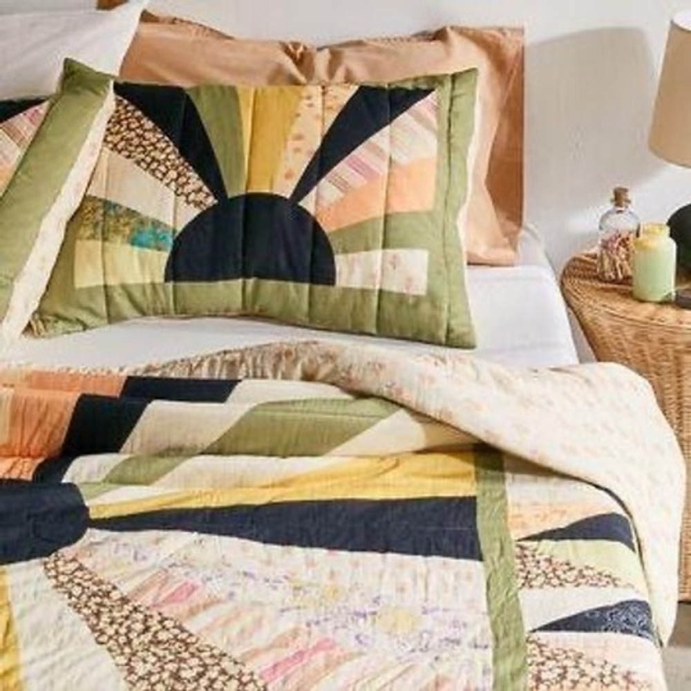 UO Cottagecore Retro Sunburst Patchwork Quilted Pillow Sham Cotton Boho Hippie